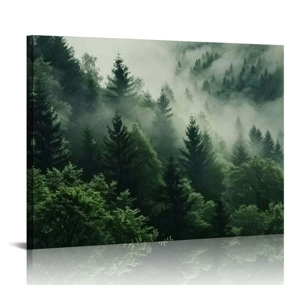 Creowell   Mountain Canvas Wall Art Misty Forest Green Pine Tree Painting Prints Natural Landscape Wall Decor for Living Room Bedroom Framed 20x16in