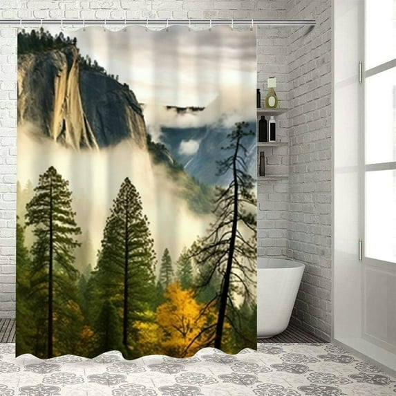 Creowell Mountain Foggy Trees Modern Waterproof Shower Curtain Set for Country Cottage & Farmhouse Bathroom Decor with Hooks 36x72