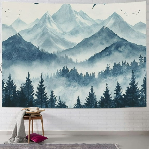 Creowell  Mountain Forest Tapestry, Misty Foggy Watercolor Scenery Art Wall Tapestries, Nature Scenery Tapestry for Bedroom Living Room Backdrop Teal Blue 40x30inch