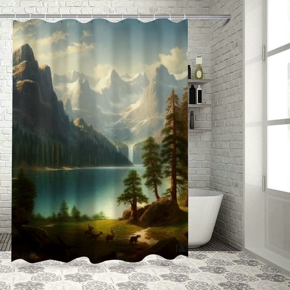 Creowell Mountain Lake Forest Modern Waterproof Shower Curtain for Country Cottage & Farmhouse Bathroom Decor Polyester Fabric Bathroom Shower Curtain Set with Hooks 36x72