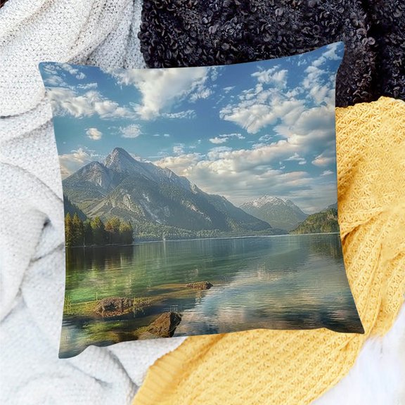 Creowell Mountain Lake Sky Clouds Decorative Pillow Case 100% Linen 18x18in