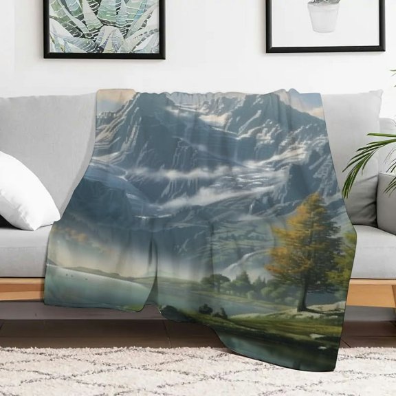 Creowell Mountain Lake Trees Durable Soft and Warm Flannel Blanket for Sofa, Travel, Camping, Bed, Chair - Multi-purpose Gift Blanket for All Season 40x50in
