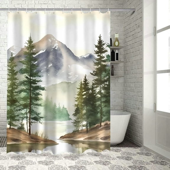 Creowell Mountain Lake Trees Shower Curtain Cloth Fabric Bathroom Decor Set with Hooks Polyester Home Bathtubs Decoration Set 69x72