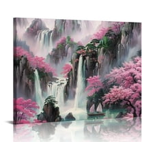Creowell  Mountain Landscape Wall Art Pink Flower Cherry Blossom Framed Canvas Wall Art for Living Room Chinese Ink Painting Prints Pictures for Bathroom Dorm Wall Decor 20x16in