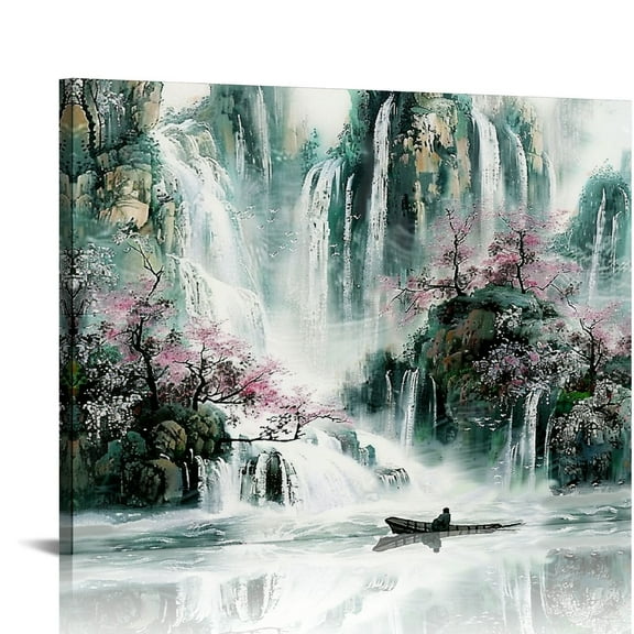 Creowell  Mountain Landscape Wall Art Pink Flower Cherry Blossom Framed Canvas Wall Art for Living Room Japanese Chinese Ink Painting Prints Pictures for Bedroom Dorm Wall Deco 20x16in