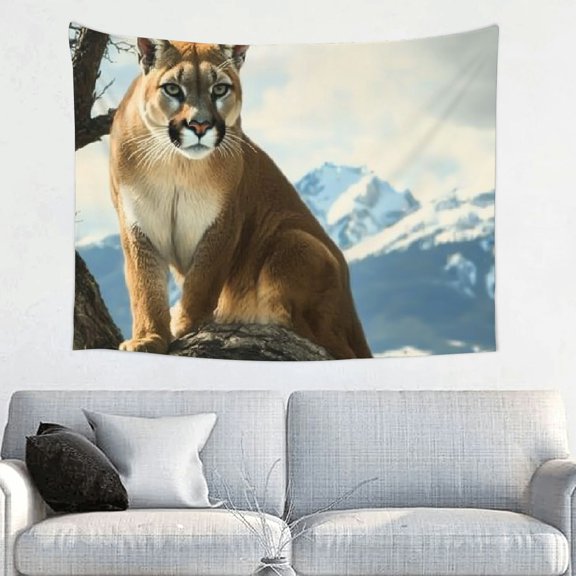 Creowell Mountain Lion Tree Branch Mountain Range Tapestry Wall Art 40x30in