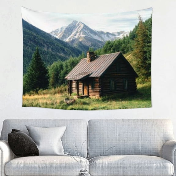 Creowell Mountain Log Cabin Tree Tapestry Wall Hanging Home Decor 40x30in