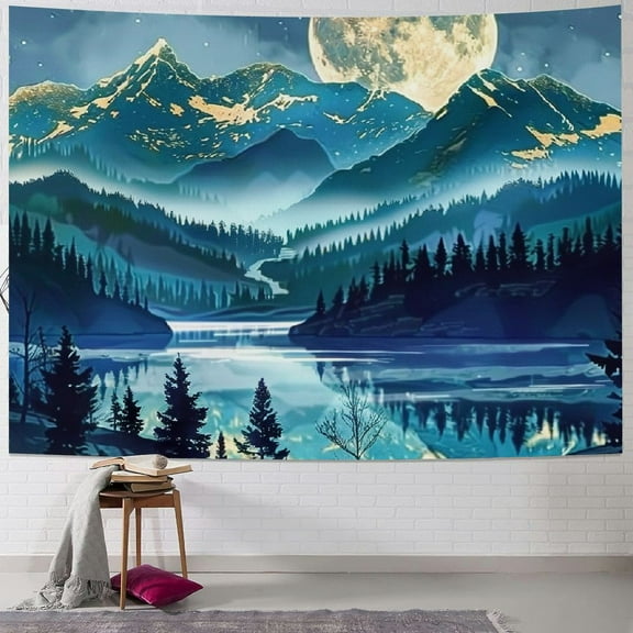 Creowell  Mountain Moon Tapestry, Nature Forest Tree Lake Landscape Tapestries Star Starry Night Teal Blue Wall Decor for Home Bedroom  40x30inch
