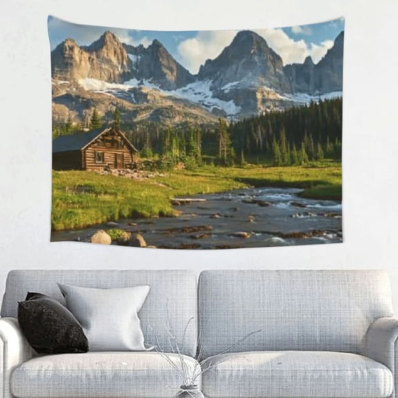 Creowell Mountain Range Cabin Stream Tapestry Wall Art Home Decor 40x30in