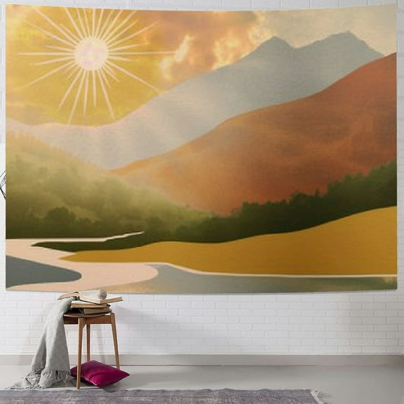 Creowell Mountain Sun Boho Tapestry,Simple Art Sunrise Nature Tapestry Sunset Landscape Abstract Aesthetic Wall Bedroom Living Room Decor College Dorm Wall Hanging Painting