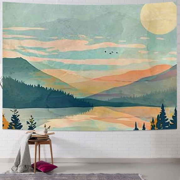 Creowell Mountain Tapestry, Watercolor Tapestry Nature Tapestry Misty Forest Tapestry Sun Sunset Tree Landscape Tapestry Boho Mountains Teal Tapestries Lake Birds Tapestry for Bedroom Painting