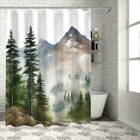 Creowell Mountain Trees Stream Pretty Shower Curtain Bathroom Decor 100% Polyester Fiber Bathroom Shower Curtain Set with Hooks 69x72