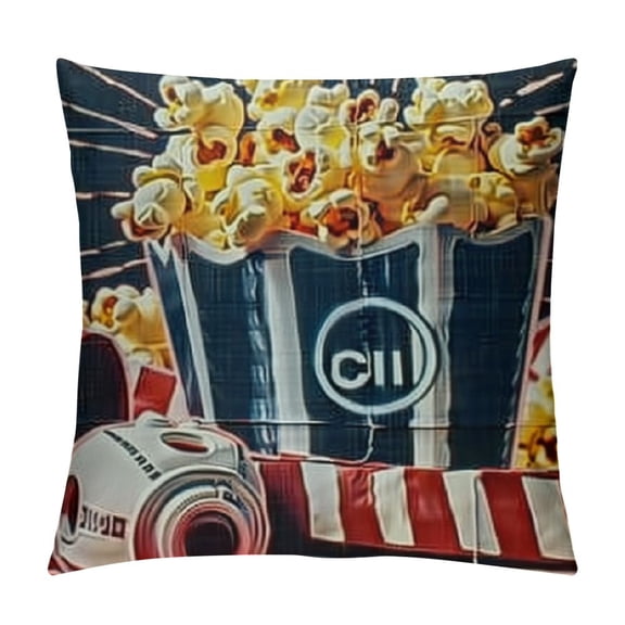 Creowell Movie Theme Throw Pillow Cover, Home Theater Decor Pillow Cover for Bed Sofa, Vintage Cinema Cushion Cover, Cinema Ticket Clapboard Popcorn Filmstrip Decorative Pillow Cover White