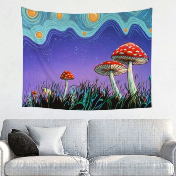 Creowell Mushroom Grass Sky Tapestry Wall Hanging 100% Polyester 40x30in