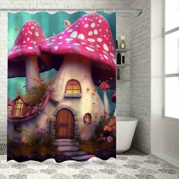 Creowell Mushroom House Modern Waterproof Shower Curtain for Country Cottage & Farmhouse Bathroom Decor Polyester Fiber with Hooks 36x72