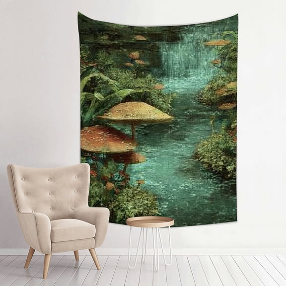 Creowell Mushroom Stream Waterfall Tapestry Wall Art 100% Polyester 30*40in