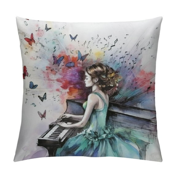 Creowell Music Throw Pillow Cushion Cover, Grand Piano Music Musician with Butterflies Ornamental Pianist Swirls Vintage Style, Decorative Square Pillow Case, Green Red