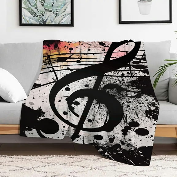Creowell Musical Note Paint Splatters Grunge Soft and Warm Flannel Blanket for Couch Bed Sofa, Fuzzy Fluffy Cozy Blanket Multi-purpose Gift All Season, Heat Transfer Printing, Multiple Sizes,