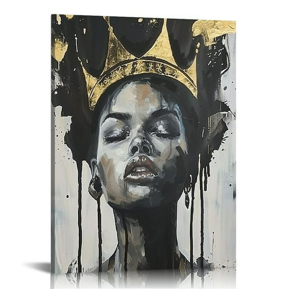 Creowell Native African American Wall Art: Inspirational Yellow Black Girl Canvas Wall Art, African American Woman Pictures with Queen Crown for Bedroom, Ready to Hang 16x20 in/12x16 in
