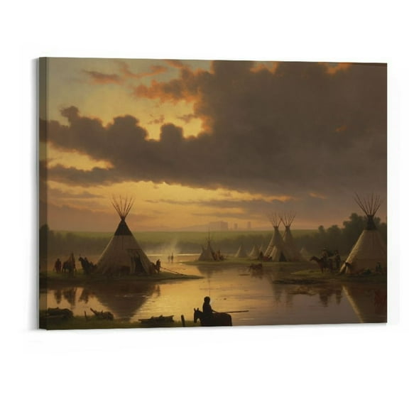 Creowell  Native American Sioux Indians Teepee Camp Painting Poster Canvas Wall Art Living Room Bedroom Dining Room Decor Mural (20x16 Inch)