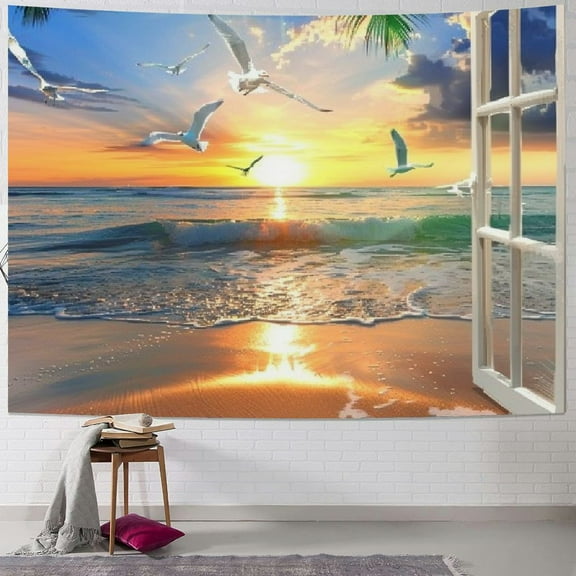 Creowell  Nature Landscape Tapestry, Cozy Outside of Window Tropical Palm Tree Beach Sea Mew Sunset Scenery Tapestry Wall Hanging, Colorful Bedroom Living Room Dorm Decor  40x30inch