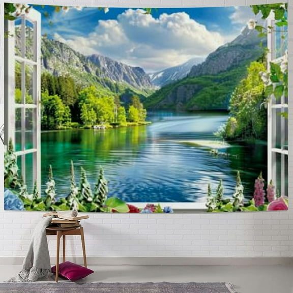 Creowell Nature Landscape Tapestry Summer Lush Forest Jungle Waterfall Lake Window Scenery Tapestry Wall Hanging Flower Sunflower Vine Art Wall Tapestry for Bedroom Living Room Dorm  Painting
