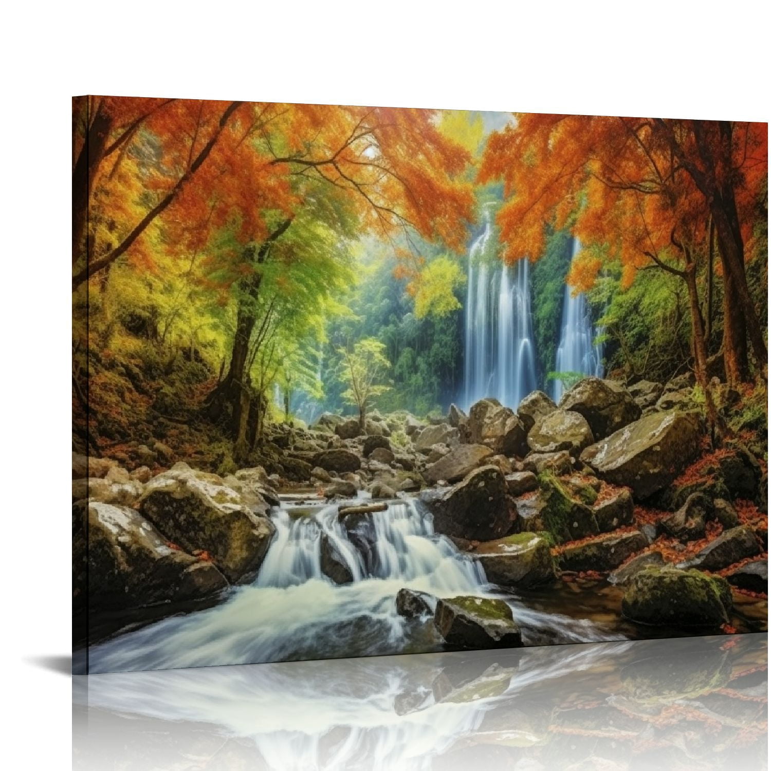 A Vibrant Painting Of A Waterfall Flowing Through A Forest At Sunset Colorful Sky Above Trees Image382282264