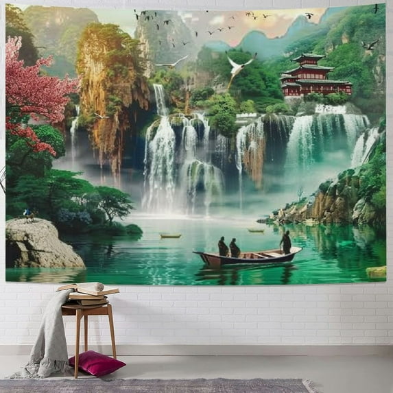 Creowell Nature Tapestry Wall Hanging,Mountain Forest Lake Waterfall Sunset Tree Landscape Birds Print Tapestry Wall Hanging Home Décor for Bedroom Living Room Painting