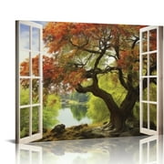 Creowell  Nature Wall Art Scenic Window View of Autumn Forest near Lake Canvas Artwork Prints for Bedroom Living Room Office Decorations - 20x16 in/16x12 in