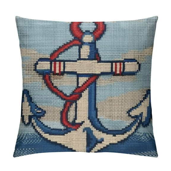 Creowell Nautical Anchor Throw Pillow Covers Navy Blue Stripes with Red Ocean Sea Sailing Coastal Beach Outdoor Decor Waist Cases Pillowslip,Multi-Size