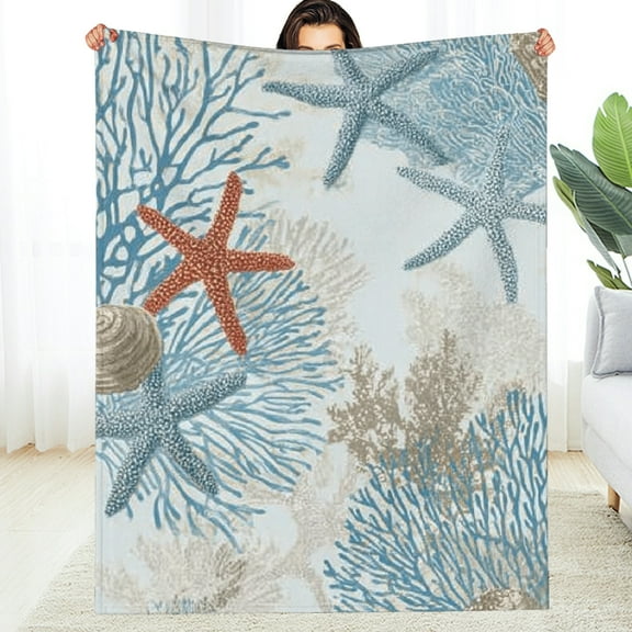 Creowell Nautical Coastal Blanket Starfish Seashell Coral Beach Themed Throw Blankets Gifts for Adults Sea Ocean Theme Lightweight Soft Cozy for Sofa Couch Bed Room Birthday Decor 50*60in