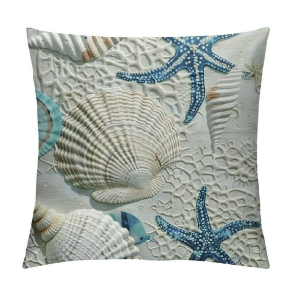 Creowell Nautical Coastal Pillow Covers Summer Ocean Theme Throw Pillow Covers Blue Seashell Coral Starfish Beach Outdoor Decorative Pillowcases Cushion Covers for Couch Decor White