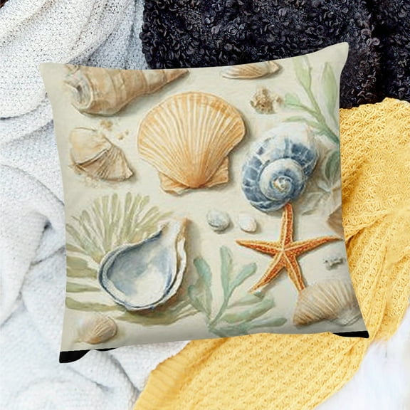 Creowell Nautical Coastal Seashell White Throw Pillow Covers Indoor/Outdoor Decorative Pillowcases Summer Beach Ocean Sea Coral Starfish Cushion Cover for Sofa, Couch, Patio 18x18in