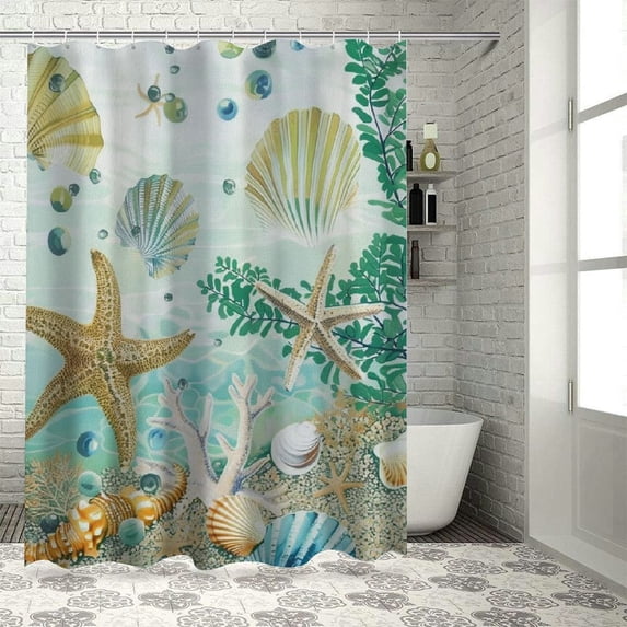Creowell Nautical Coastal Shower Curtain Beach Seashell Starfish Marine Life Bathroom Shower Curtains for Bathtub Ocean Shell Coral Waterproof Polyester Fabric Shower Curtain with Hooks White