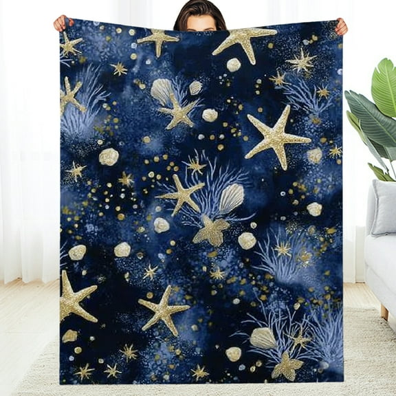 Creowell Nautical Coastal Throw Blanket Starfish Shell Sherpa Blanket for Kids Boys Girls Teens Throw ,Coral Conch Seashell Blanket,Navy Blue Sea Ocean 50*60in