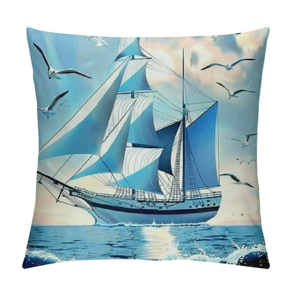 Creowell Nautical Decorative Throw Pillow Covers, Soft White Blue Sailboat Printed Square Cushion Case Set for Couch Bedroom Living Room, Ocean Marine Pillow Cases Pillowcases
