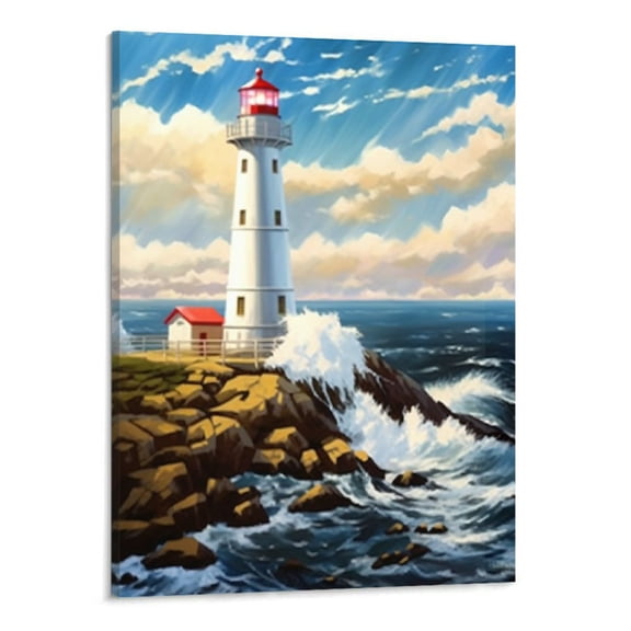 Creowell Nautical Ocean Wall Art Painting - Peaceful Lighthouse SailBoat Palm Tress Beach Pictures Seascape Canvas Framed Wall Decor for Home Bathroom Living Room Wall Decor 16x20 inch