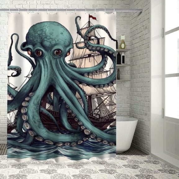 Creowell  Nautical Octopus Shower Curtain Funny Fun Kraken Monster Ocean Anime Pirate Sea Life Monster Cool Sailboat ShipPolyester Fabric Waterproof 60x72
