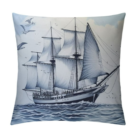 Creowell Nautical Throw Pillow Cushion Cover, Vector Sketch Sailboat on Sea with Bird Retro Drawing Marine Theme Print, Decorative Square Pillow Case, Blue Black