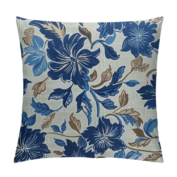 Creowell Navy Blue Brown Floral Block Print Pillow Covers Vintage Flower Rustic Old Style Modern Patterned Cream Decorative Throw Pillow Cases Outdoor Farmhouse Decor for Sofa Couch Bed 18x18in
