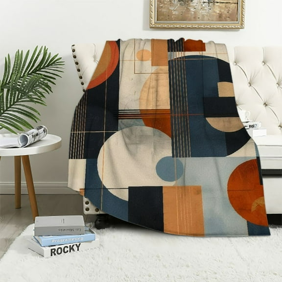 Creowell Navy Blue Burnt Orange Abstract Aesthetic Geometric Blanket Abstract Art Mid Century Modern Soft Throw Blanket Flannel Throw Blanket for Home Bed Couch Birthday Gift