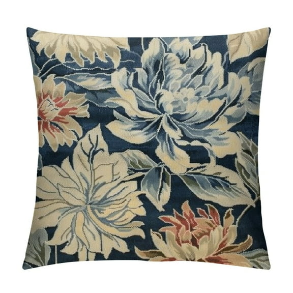 Creowell  Navy Blue Dahlia Throw Pillow Cover Rustic Geometric Flower Decorative Square Pillow Cases Beige Tan Gray Floral Cushion Covers Farmhouse Home Decor For Sofa Bedroom Outdoor White