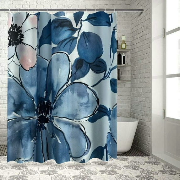 Creowell Navy Blue Floral Shower Curtain,Watercolor White Lush Flower Bathroom Shower Curtains,Modern Pretty Ink Flowers Plant Bath Curtain Sets with,Waterproof Fabric White