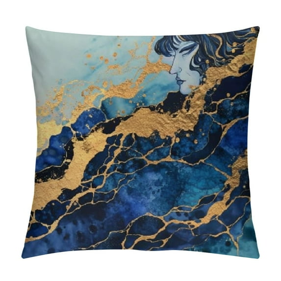 Creowell Navy Blue Gold Decorative Throw Pillows Covers Marble Outdoor Teal Abstract Patio Pillow Decor Couch Cushions for Indoor Bedroom Decoration 12x12in