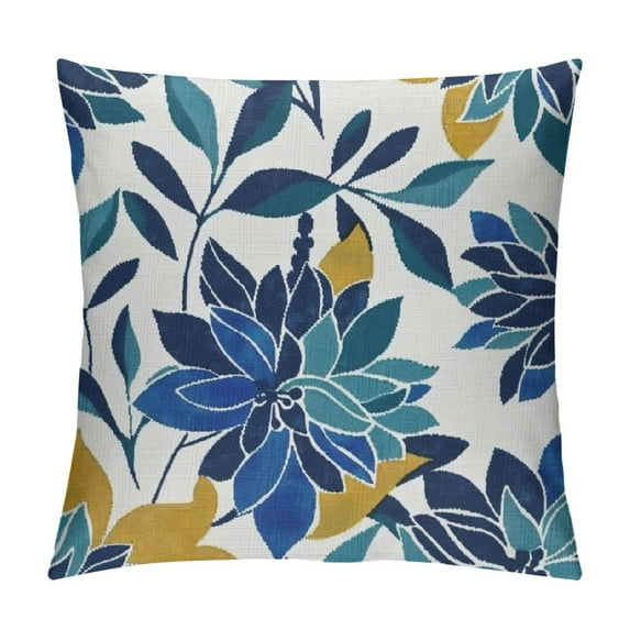 Creowell Navy Blue Summer Outdoor Pillow Covers Aqua Teal Mustard Yellow Dahlia Floral Decor Throw Pillows Modern Geometry Flower Decorative Cushion Cases for Couch Bed Decorations 24x24in