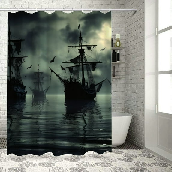 Creowell Norse Decor Vikings Ship Shower Curtain Liner, Fantasy Boat Art Black and White Color Sailing Dragon Ship Curtain for Bathroom/Washroom with Hooks Waterproof,Gift for Man//Woman 36x72