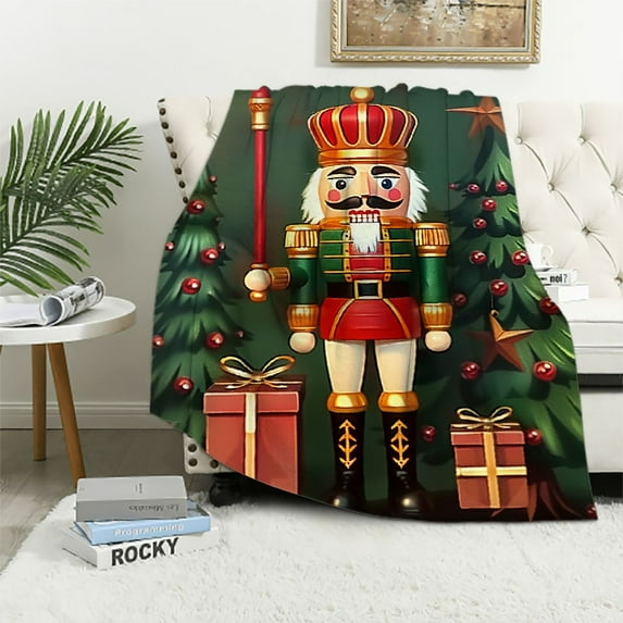 Creowell Nutcracker Christmas Tree Presents Print Throw Blanket, Flannel, Soft Plush Blankets for All Seasons, Excellent Hand Feel Blanket 50x60in
