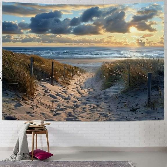 Creowell Ocean Beach Sandy Scene Tapestry for Bedroom Beachy Wall Hanging Seaside Path Fence Hawaii Wall Decor Sunset Sunrise Costal Scenery Sea Summer Nature Pastel Dorm 60x50inch