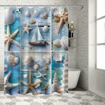 Creowell Ocean Beach Shower Curtain Tropical Marine Starfish Seashell Beach Lighthouse Coastal Vintage Barn Door Wooden Fabric Bathroom Decor Curtain with Hooks White