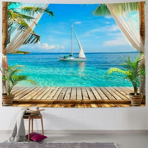 Creowell Ocean Beach Tapestry,Coconut Tree Tapestry Wall Hanging Palm Tree Tapestry Bohemian Tropical Paradise Sea Hawaii Landscape Tapestry Nature Scenery for Living Room,Home Decor Painting